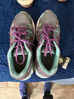 ASICS Gray and Teal Women's Running Sneakers with Purple Laces